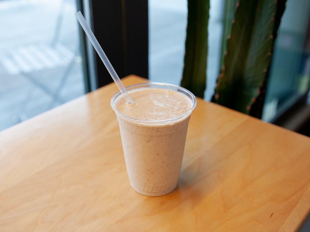 The Builder Shake · Almond butter, vanilla lucuma protein, banana, coconut water, and ice.