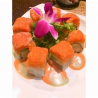 Spicy 2 in 1 Roll · Raw. Shrimp tempura and avocado inside, topped with spicy tuna spicy salmon and served with ...