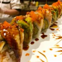 Angry Bird Roll · Inside shrimp tempura, cucumber and mango, outside lobster salad, eel, avocado with eel sauc...