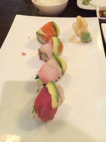 Rainbow Roll · Raw. California roll inside with tuna, salmon, white fish and avocado on top. 