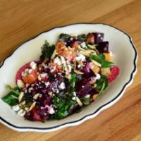 Roasted Beet Salad · Roasted Red & Yellow Beets, Roasted Beet Hummus, Arugula, Goat Cheese, Oranges, Candied Peca...