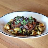 Grilled Twin 4oz. Filets · Brown Butter Gnocchi, Roasted Brussels Sprouts, Bacon, Capers, Mushrooms & Red Wine Sauce