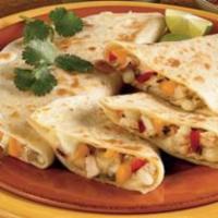 Chicken Quesadilla · Grilled chicken, peppers, onions, cheddar and mozzarella cheese with salsa and sour cream.