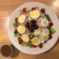 Protein Salad · Grilled chicken, tuna salad, hard-boiled eggs, shredded mozzarella cheese over romaine lettu...