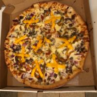 Philly Cheesesteak Pizza · Sliced steak, peppers, onions, American and mozzarella cheese.