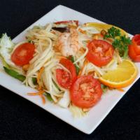 19. Papaya Salad · Shredded green papaya, tomato, carrot, green bean and prawns. Tossed with peanuts and lime d...
