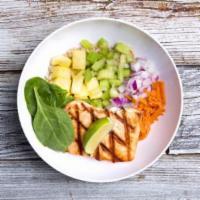 Teriyaki Bowl · Grilled sustainable salmon, pineapple, celery, red onions, spinach, carrots and Protein Hous...