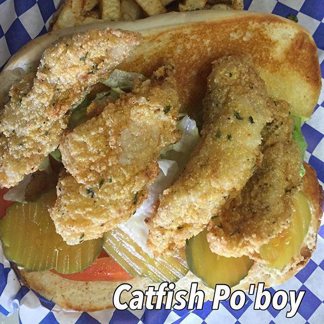 Po-boy Sandwich · Freshly fried catfish or shrimp fried to a golden crisp served with lettuce, tomato, pickle and tartar sauce. Served with your choice of side.