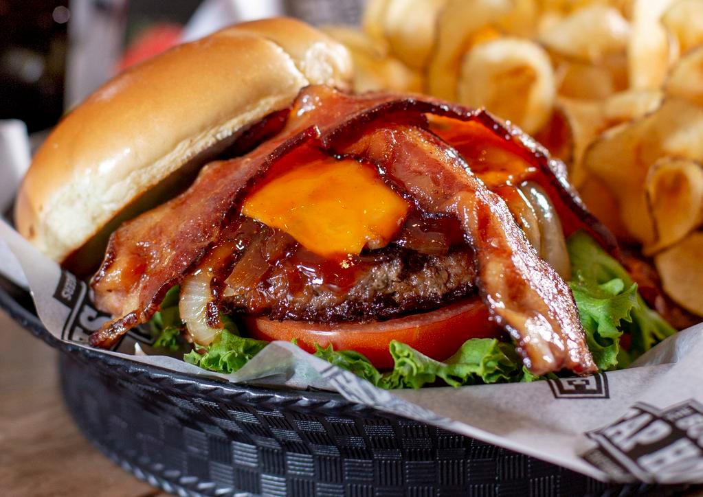 Brown Sugar and Smoked Cheddar Burger · House made cinnamon brown sugar bacon combined with smoked cheddar cheese, pabst onions and honey BBQ sauce.  Probably the world’s best burger.