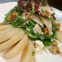 Poached Pear Salad · Gluten free. baby arugula, riesling poached pear, goat cheese, candied walnuts, apple, walnu...