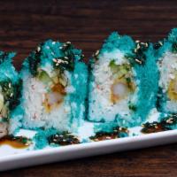Crunchy Roll · Shrimp tempura with kanikama and asparagus topped with crunchy flakes.