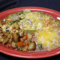Chile Verde Omelette All Day Breakfast · 2 eggs omelette filled with  homemade Chile verde, mixed potatoes and topped with melted Jac...
