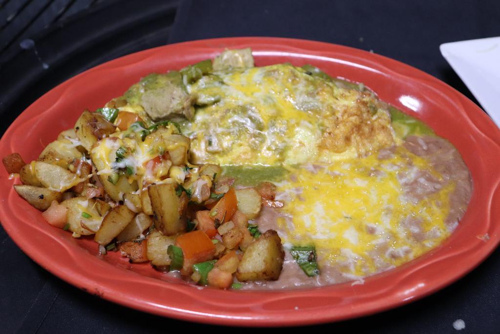 Chile Verde Omelette All Day Breakfast · 2 eggs omelette filled with  homemade Chile verde, mixed potatoes and topped with melted Jack and cheddar cheese. Served with refried beans, Mexican potatoes, pico de gallo and topped with melted cheese.