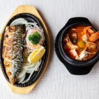 C9. Godeungeo Combo · Grilled mackerel with tofu soup.