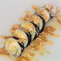 Yummy roll 5pcs · Shrimp, crab mix, tamago, and cucumber wrapped in sushi rice and seaweed, topped with crispy...