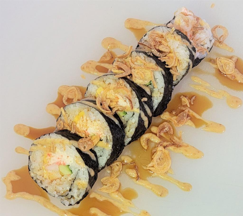Yummy roll 5pcs · Shrimp, crab mix, tamago, and cucumber wrapped in sushi rice and seaweed, topped with crispy onion and what a mix sauce.