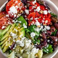 Farmers Salad (Full) · Greens, Avocado, Pure Luck Feta, Tomatoes, Olives, Piquillo Peppers, Artichokes, Pine Nuts, ...
