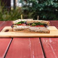 Albacore Tuna Salad Sandwich · Havarti cheese, jicama, celery, green onions, tomatoes, organic field greens and mayo on 9-g...