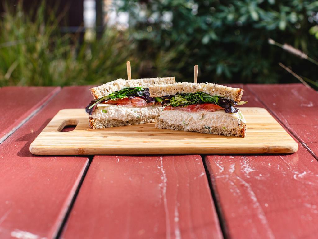 Albacore Tuna Salad Sandwich · Havarti cheese, jicama, celery, green onions, tomatoes, organic field greens and mayo on 9-grain.