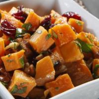 Roasted Sweet Potato · Chipotle Vinaigrette dressed Sweet Potatoes with Dried Cranberries, Pecan Pieces, and green ...