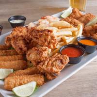 Sports’ Fan Platter · 6 grilled succulent shrimps, fried fish fingers, 6 chicken wings, 6 mozzarella sticks and fr...