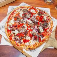 The Tribune · Red sauce, mozzarella, pepperoni, red onion, mushroom, roasted red bell peppers, sweet Itali...
