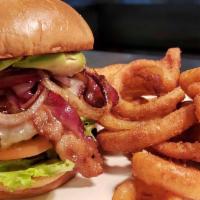 Monterey Moo Burger · On a kaiser bun with Jack cheese, bacon, avocado. moo sauce, lettuce, tomato, and red onions.