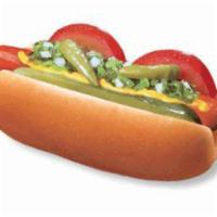 Chicago Hot Dog · Grilled world famous hot dog in a fresh, steamed bun topped with fresh tomato, fresh onions,...