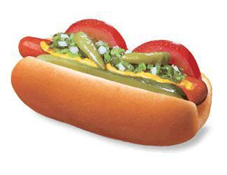 Chicago Hot Dog · Grilled world famous hot dog in a fresh, steamed bun topped with fresh tomato, fresh onions, pickle spear, relish, sport peppers, tangy French's mustard, and sprinkled with celery salt just like in Chicago!