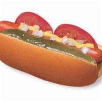 Deluxe Hot Dog · Grilled world famous hot dog in a fresh, steamed bun topped with fresh tomato, fresh chopped...