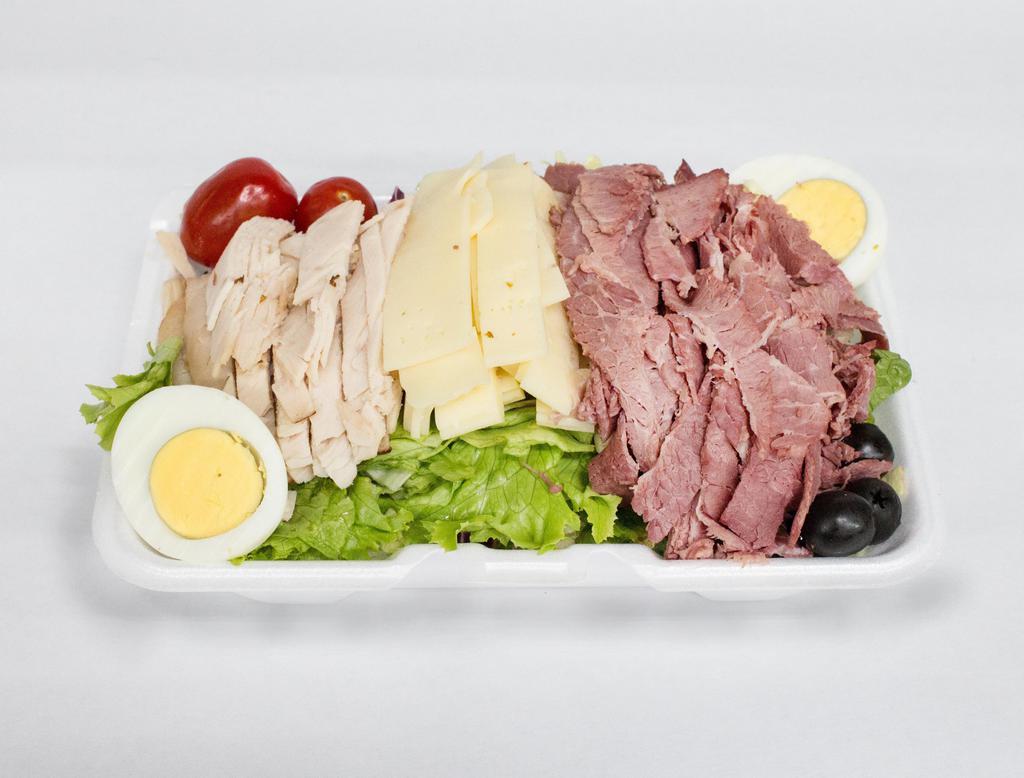 The B.B. Salad · Crisp lettuce mix topped with corned beef, turkey, Swiss cheese, hard boiled egg, and choice of dressing.