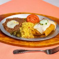 Chimichanga · A crispy deep-fried burrito stuffed with your choice protein. Smothered in red or green chil...