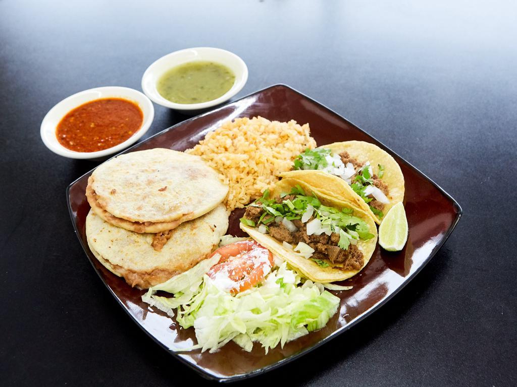Taco Gordo · 2 tacos and 2 gorditas with choice of protein, served with rice and salad.