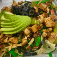 Santa fe Salad Lunch · Mixed greens, grilled chicken, bell pepper, onion, tomato, black olives, tortilla strips, av...