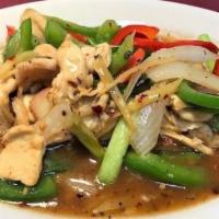 Pad Ginger · Meat of your choice (or tofu) with sauteed fresh ginger, onions, mushrooms, and bell peppers...