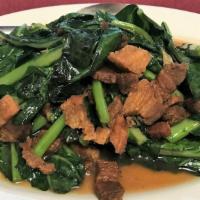 Kana Crispy Pork · Stir fried with Chinese broccoli and crispy pork in brown sauce. Served with steamed rice.