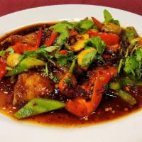 Tilapia Chili · Deep-Fried Filet of Tilapia with wok-seared Red and Green Bell Peppers, Mushrooms, Garlic an...