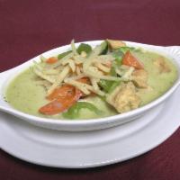 Green Curry · Mild. Coconut milk with zucchini, bamboo shoots, and bell peppers. Served with steamed rice.