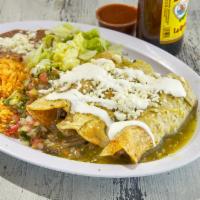 3 Pieces Enchiladas · Our enchiladas are topped with red or green sauce, sour cream and queso fresco served with r...