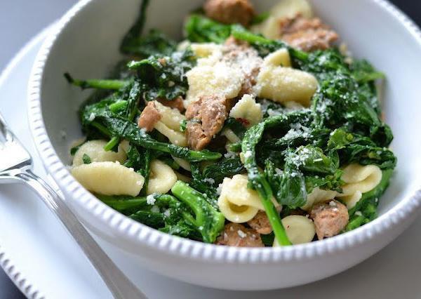 Penne with Sausage and Broccoli Rabe · White wine, garlic, and olive oil.