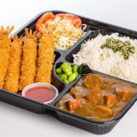 Ebi Fry Curry Bento · Deep-fried shrimp. Served with homemade curry, edamame, and Japanese style salad.