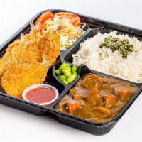 Aji Curry Bento · Fried Fish Served with homemade curry, edamame, and Japanese style salad