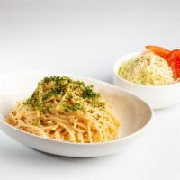 Mentaiko Spaghetti  · Creamy spicy cod roe, tobiko, pasta, and side Japanese salad 