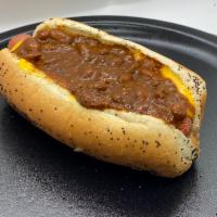 Chili Cheese Dog · Topped with chopped onion.