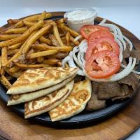 Gyro Plate · Served with french fries, garlic bread, or pita.