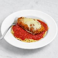 Killer Chicken Parmesan · Mozzarella and red sauce on garlic bread. Includes a choice of pasta salad, mostaccioli mari...