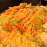 Pancit Bihon Chicken · Stir fried rice noodles with chicken and a variety of vegetables.