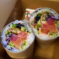 1. Volcanic Eruption Sushi Burrito · Spicy tuna, spicy salmon, jalapeno, tobico, lettuce, red cucumber, crab salad. Spicy.