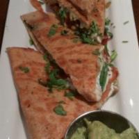 Veggie Quesadilla · Roasted peppers, portabella mushrooms, baby spinach, corn, goat cheese spread, Monterrey, an...