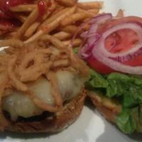 Steakhouse Burger · Crispy onion strings, mushrooms, pepper jack cheese and a1 sauce. served on a sesame seed bu...